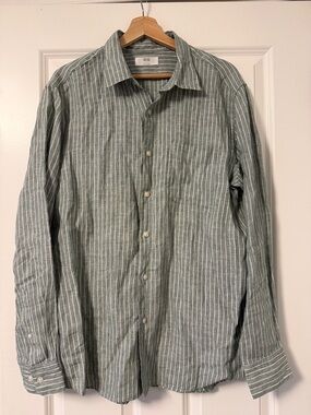 Uniqlo Green and White Striped Button-Down 100% Linen Shirt